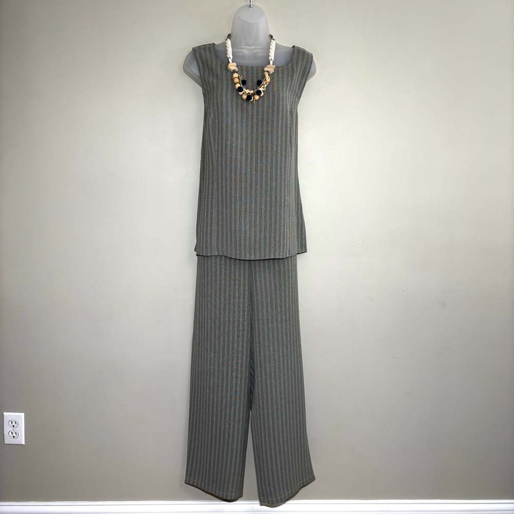 SAMOON Moss Green Pinstripe 2-Piece Pant Set Wide Leg Size 14 Chic Career Wear